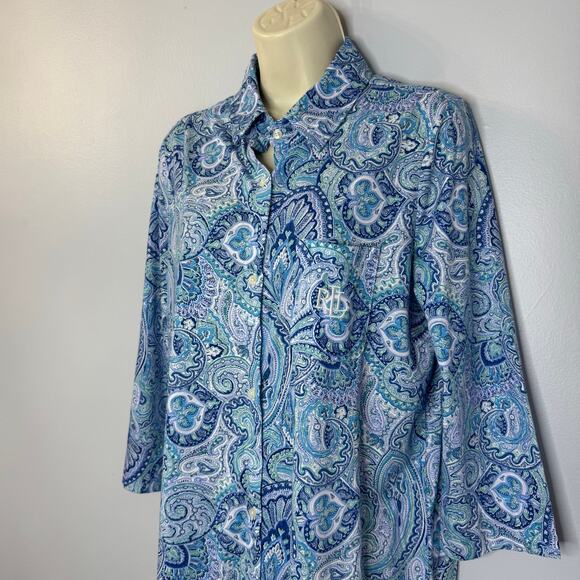 Lauren Ralph Lauren Sleepshirt Womens M Blue Knit Embroidered Button Sleepwear M - Picture 4 of 16